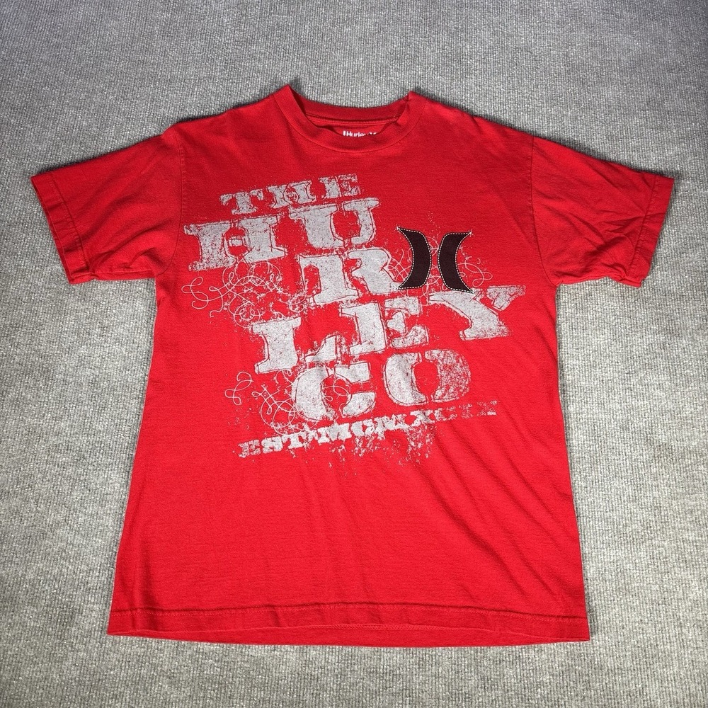 Hurley T Shirt Mens M Short Sleeve Red Knit Graphic Surf Skater Grunge Y2K